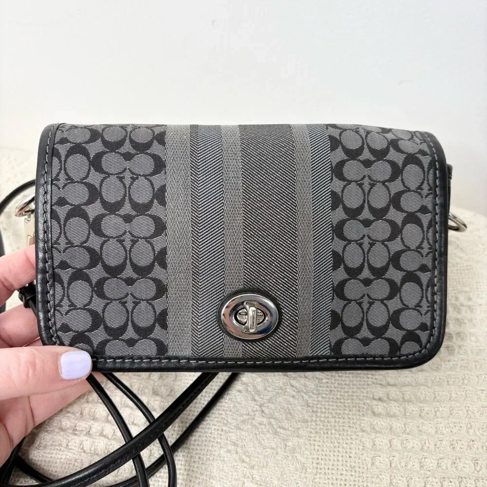 Coach Legacy Signature Stripe Penny Shoulder Bag 19919 Black Grey Silver Mini
